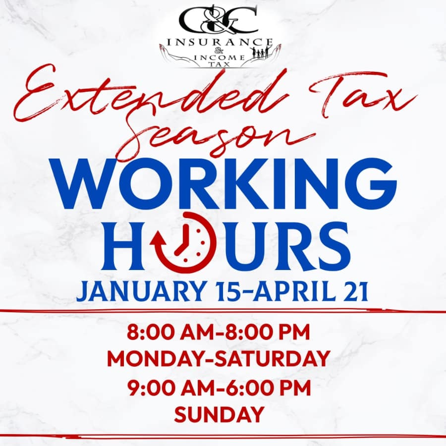 Extended Tax Season working hours january 15 to April 21 banner graphic