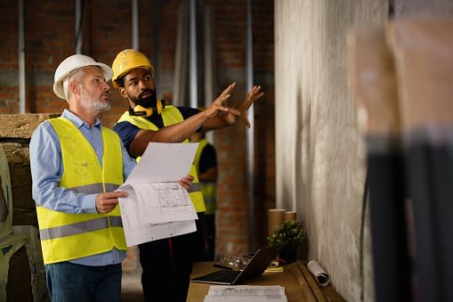 Two construction workers wearing safety gear are discussing building plans at a construction site. They are focused on architectural blueprints, highlighting teamwork and planning in construction environments.